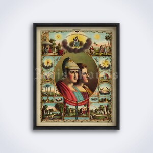Puede incluir: Una impresión vintage de una imagen religiosa con un retrato ovalado central de dos hombres de perfil. La imagen está rodeada por un borde de imágenes y textos más pequeños, incluyendo las palabras "Amistad, Amor y Verdad".