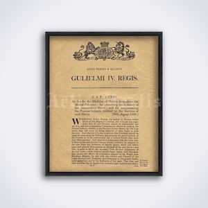 Puede incluir: Un documento antiguo con un sello real y un texto que dice "Anno Tertio & Quarto Gulielmi IV. Regis. CAP. LXXIII. An Act for the Abolition of Slavery throughout the British Colonies..." El documento está impreso en papel envejecido con un tono marrón.