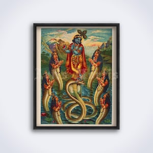 Krishna dancing on snake demon - Hindu art, Hinduism god, Naga, Tantra, Krishnaism, Indian decor, vintage print, poster (DIGITAL DOWNLOAD)