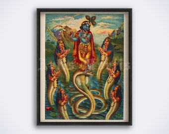 カリヤ蛇の上で踊るクリシュナ: ヴィンテージ ヒンドゥー教アート