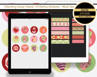 May include: Digital download of 24 strawberry-themed stickers and washi tape. The stickers feature various strawberry-themed designs, including strawberries, cakes, and drinks. The washi tape features a variety of patterns, including strawberries, polka dots, and stripes.