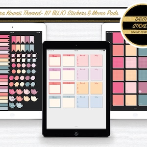 Peut inclure: Téléchargement numérique de 117 autocollants et blocs-notes sur le thème Sakura Kawaii pour le bullet journaling. Les autocollants comprennent une variété de couleurs, de motifs et de designs, notamment le rose, le bleu, le jaune et le blanc. Les blocs-notes sont vierges et peuvent être utilisés pour des notes, des listes ou des rappels.