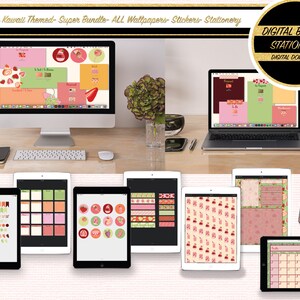 May include: A digital bundle of strawberry-themed stationery featuring wallpapers, stickers, and printable papers. The bundle includes a calendar, note paper, and a variety of other designs.