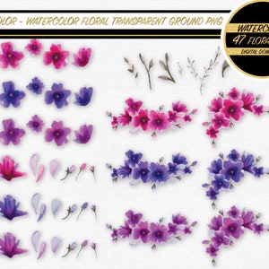 Op de afbeelding: Digitale download van een aquarel bloemen PNG. De afbeelding toont roze, paarse en blauwe bloemen in verschillende arrangementen, plus individuele bloemblaadjes en takjes. Tekst op de afbeelding luidt "THREE COLOR - WATERCOLOR FLORAL TRANSPARENT GROUND PNG" en "WATERCOLOR 47 FLORAL PNG DIGITAL DOWNLOAD."