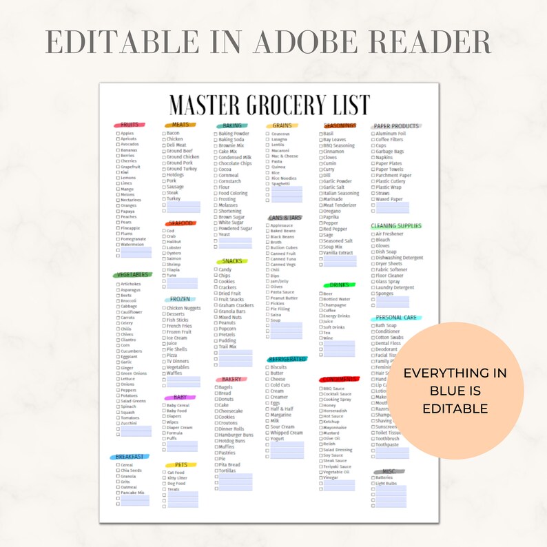Ultimate Grocery Shopping List Fillable PDF Printable Shopping Template