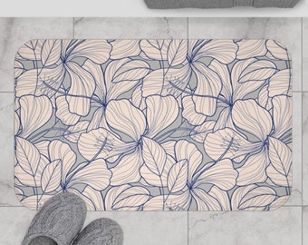 Blue Hibiscus Outline Bath Mat, Hawaiian Floral Bathroom Decor, Anti Slip Shower Mat, Minimalist, Tropical, Calm, Modern, Microfiber