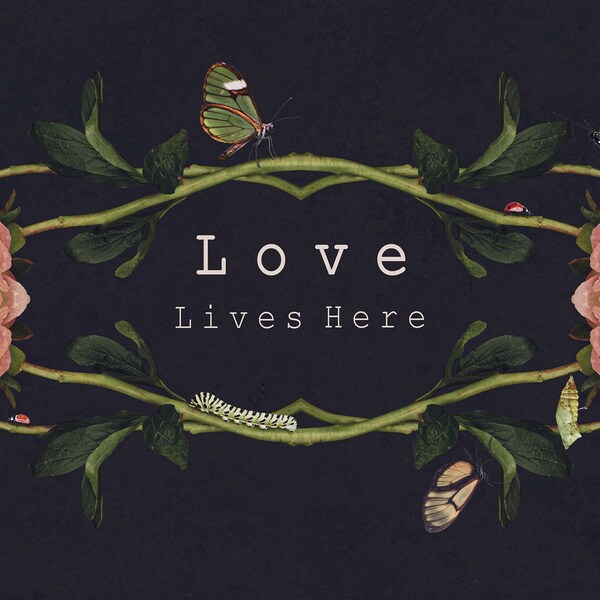 Love Lives Here Quote, ready to hang, 1.5" thick canvas with pink peonies on black background and many cute little bugs, wall art