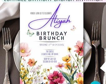 Floral Birthday Brunch Invitation Template: Editable Canva Design (5x7in, Digital Download)