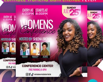 Puede incluir: Un folleto rosa y morado para una Conferencia de Mujeres, con el texto "Womens Conference" y "Hosted by Sheena Brown". Incluye imágenes de presentadoras y la fecha, domingo 25 de julio. El folleto también incluye el texto "Conference Center" e iconos de redes sociales.