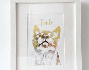 Custom Pet Gold Portrait . Illustration for Cat and Dog Owner. Pet Loss Gift and Memorial Pet - Valentine&#39;s - Birthday - Christmas Gift
