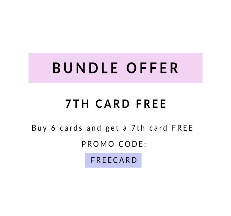 Może przedstawiać: Grafika w kolorze r&oacute;żowym i fioletowym z tekstem "BUNDLE OFFER" i "7TH CARD FREE". Tekst poniżej brzmi "Buy 6 cards and get a 7th card FREE PROMO CODE: FREECARD".