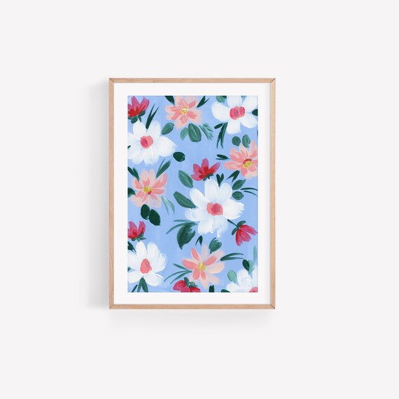 A4 Blue Floral Art Print Wall Art Floral Print Modern Etsy UK