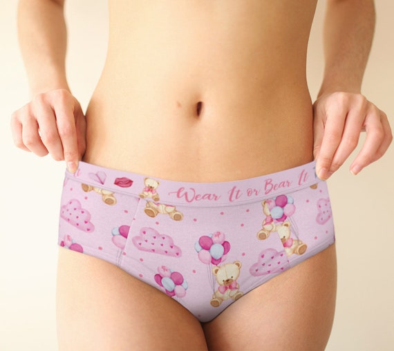 Pink Teddy Bear Print Mid Waist Retro Hipster Panties, Xs-xl/custom Sizes Womens  Underwear, Kawaii Pastel Teddie Lingerie Panties 