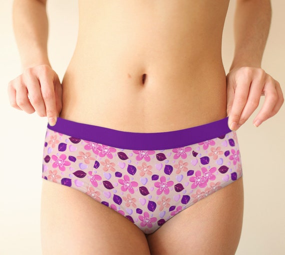 Floral Mid Waist Retro Hipster Pink Lingerie Panties for Women, XS