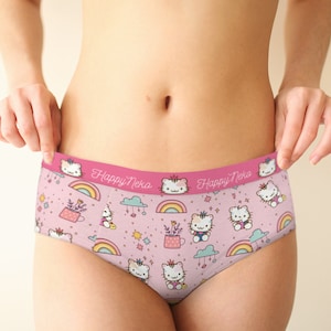 Cat Neko Pink mid waist hipster funny panties, XS-XL/custom sizes womens underwear, pastel plus size lingerie Explore now!