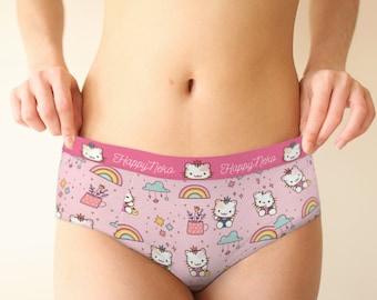 Cat Neko Pink mid waist hipster funny panties, XS-XL/custom sizes womens underwear, pastel plus size lingerie Explore now!