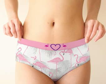 Flamingo print mid waist cheeky hipster panties, XS-XL custom sizes womens underwear, lingerie cute, graphic custom panties