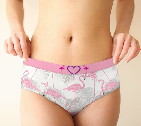 Flamingo Print Mid Waist Cheeky Hipster Panties, XS-XL Custom