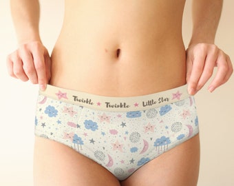 Twinkle Little Star panties blanco hipster de cintura media para mujer, lencería XS-XL / tallas personalizadas, ropa interior de mujer, lindas bragas pastel