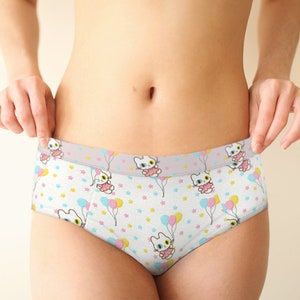 Cat Balloon mid waist retro hipster sexy panties, XS-XL/custom sizes womens underwear, kawaii cat lover panties gifts