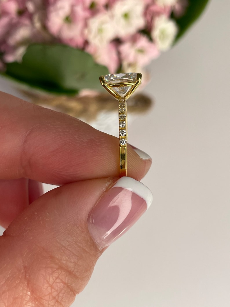 The Olivia. Yellow Gold Vermeil Engagement Ring with the finest 2CT oval cut simulated diamond image 3