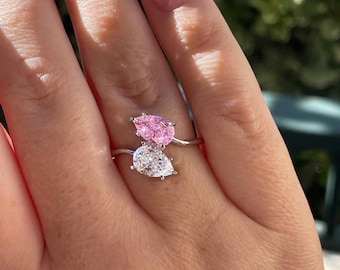 Crushed Ice double pear cut fancy pink  Toi et Moi engagement Ring in Sterling silver 925, Pink stone ring, gift for her