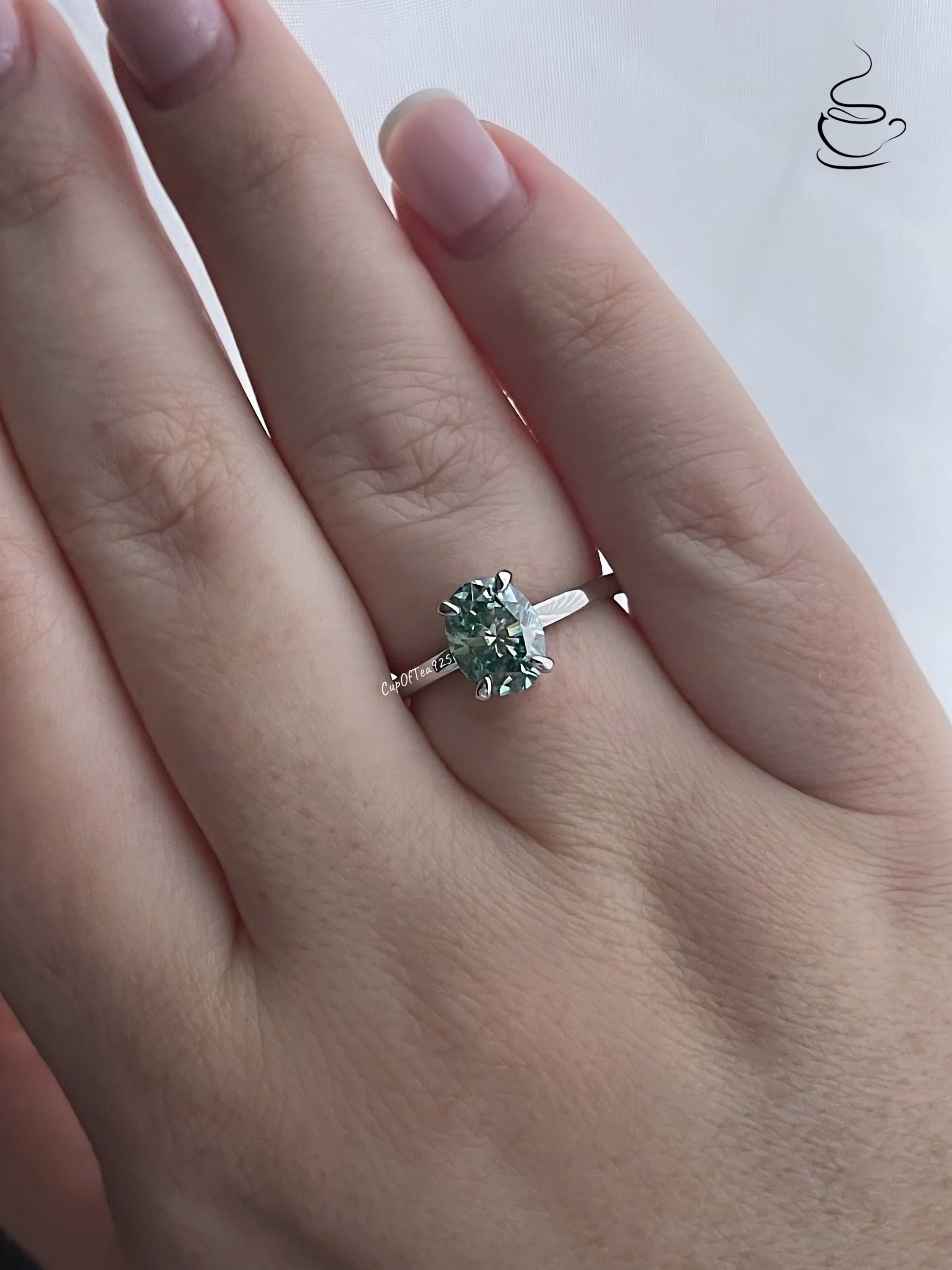 Blue Green Moissanite Ring. Sterling Silver 925 Engagement
