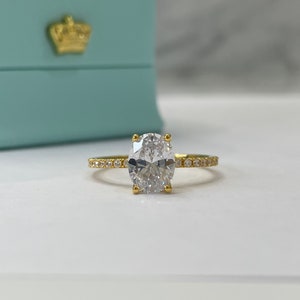The Olivia. Yellow Gold Vermeil Engagement Ring with the finest 2CT oval cut simulated diamond image 7