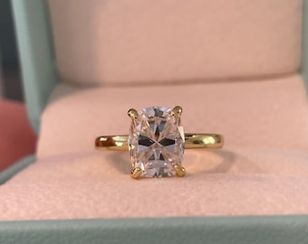Moissanite engagement ring with 2.5CT Elongated Cushion Cut and hidden halo, yellow gold vermeil, silver engagement ring with Moissanite