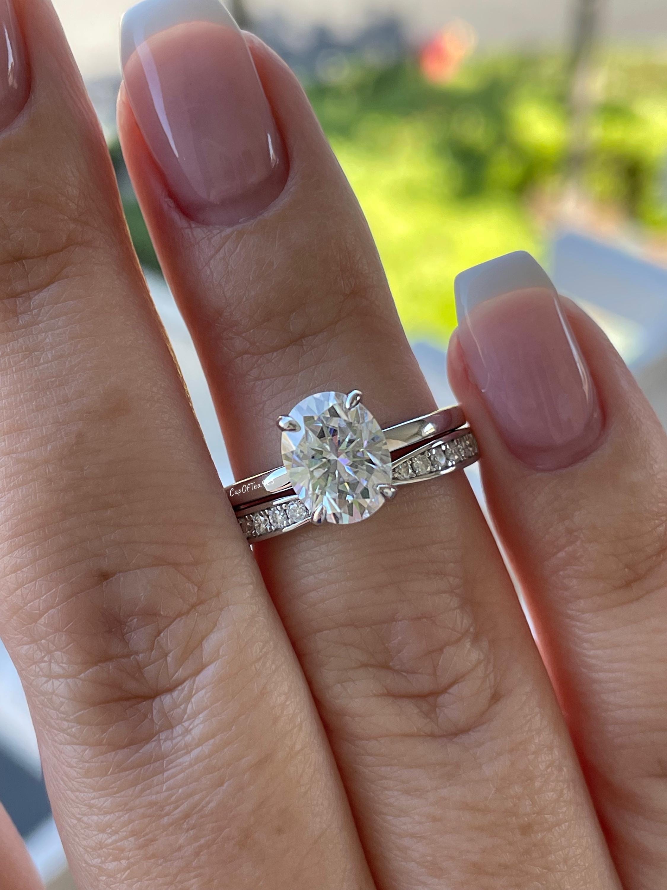 Moissanite. Hidden halo. Sterling Silver 925 bridal set with 2CT oval cut moissanite or CZ solitaire and curved moisanite band.