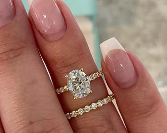 Oval Cut Moissanite Engagement Ring Set , Sterling Silver with 14K Gold or Rhodium Finish Half Eternity Band, proposal ring, 2 carat ring