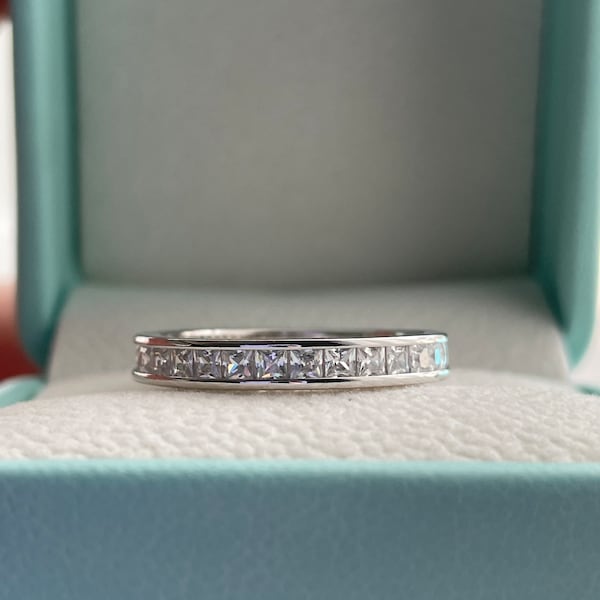 The Victoria. Sterling Silver 925 3mm Full Eternity Band with princess cut 5A CZ Diamonds