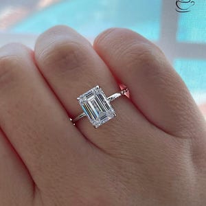 Sterling Silver 925, yellow gold vermeil engagement ring with 2CT, 3CT emerald cut CZ simulated diamond and hidden halo