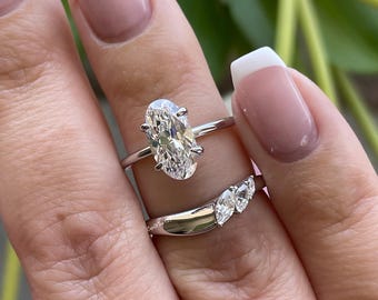 Yellow gold vermeil rose gold vermeil, sterling silver 925 bridal set with 2.25CT skinny oval cut CZ diamond & curved band, engagement ring