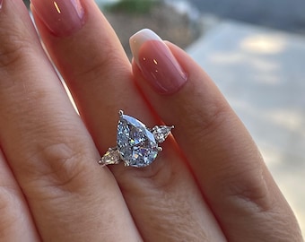 Blue diamond engagement ring, three stone pear cut ring, 4 carat tear drop silver engagement ring, gift for her
