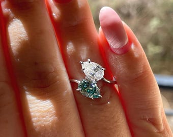 Moissanite Toi et Moi engagement ring. Sterling Silver 925 Toi et Moi with green and white pear cut moissanite, birthstone ring