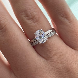 Moissanite. Hidden halo. Sterling Silver 925 bridal set with 2CT oval cut moissanite or CZ solitaire and curved moisanite band.