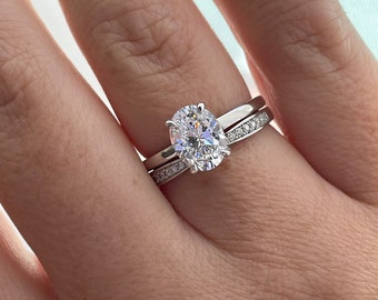 Moissanite. Hidden halo. Sterling Silver 925 bridal set with 2CT oval cut moissanite or CZ solitaire and curved moisanite band.