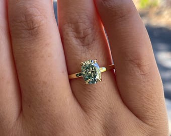 Blue green moissanite moissanite engagement ring, Sterling silver ring with 2 carat blue green moissanite, gold vermeil ring, gift for her