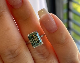 3 carat emerald cut green moissanite engagement ring with hidden halo, gold vermeil moissanite ring, silver moissanite ring gift for her