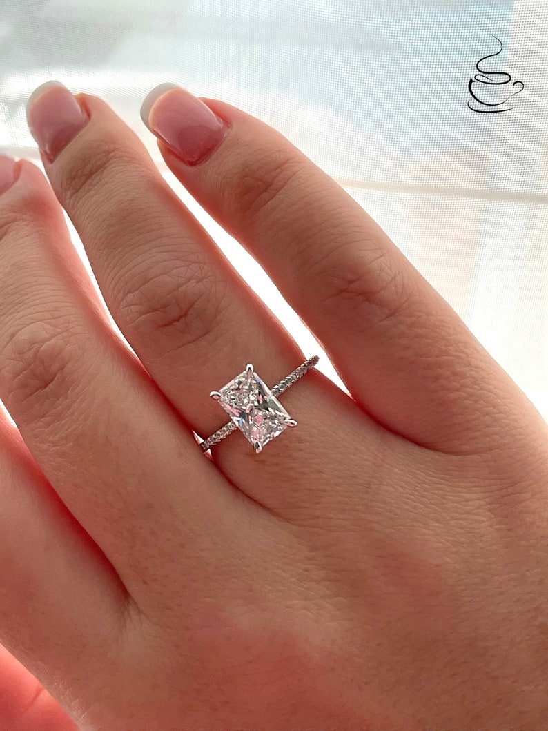 The Harmony. Hidden Halo. Sterling Silver 925 engagement ring with 2.2CT radiant cut CZ simulated diamond and hidden halo, extra thin band image 1