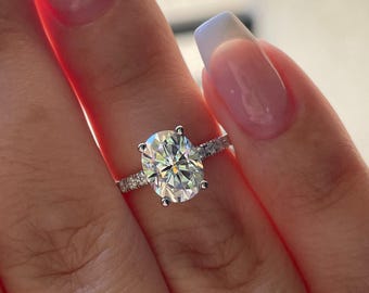 2 carat oval cut moissanite engagement ring with paved band,  gold vermeil oval moissanite engagement ring, silver moissanite ring