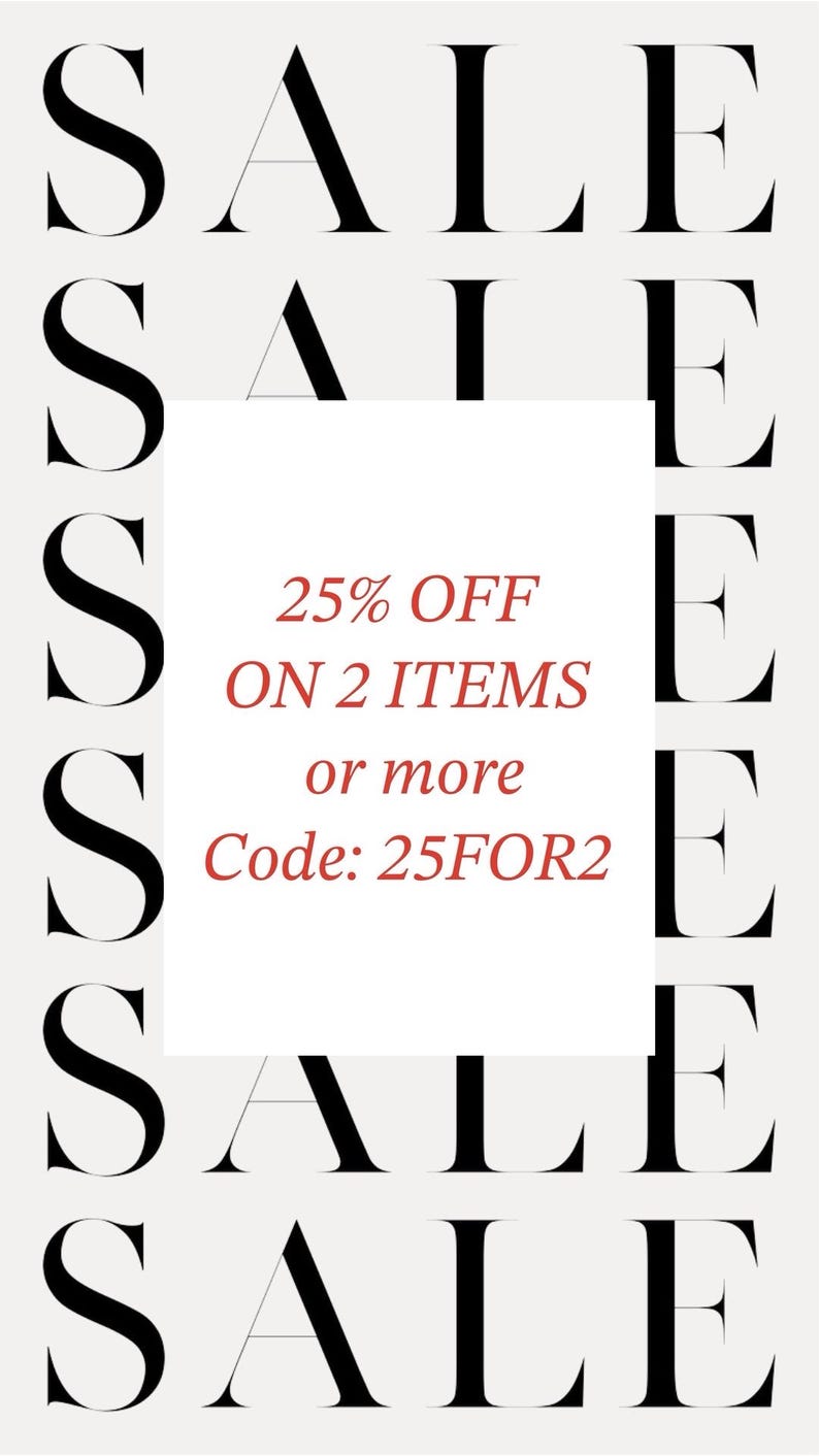 Puede incluir: Un rect&aacute;ngulo blanco con texto negro que dice "SALE" repetido seis veces. Dentro del rect&aacute;ngulo, el texto rojo dice "25% OFF ON 2 ITEMS or more Code: 25FOR2".