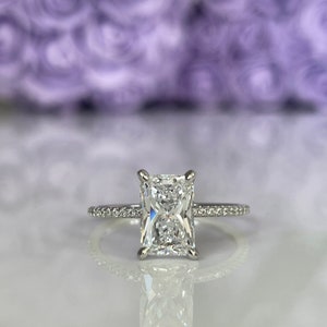 The Harmony. Hidden Halo. Sterling Silver 925 engagement ring with 2.2CT radiant cut CZ simulated diamond and hidden halo, extra thin band image 7