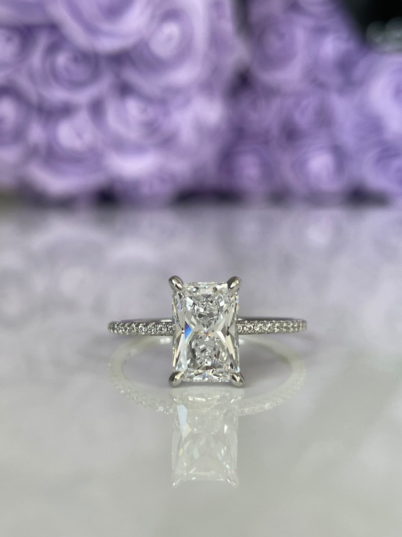 The Harmony. Hidden Halo. Sterling Silver 925 engagement ring with 2.2CT radiant cut CZ simulated diamond and hidden halo, extra thin band image 7
