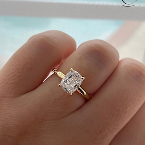 The Madison. Hidden halo. Sterling Silver 925, Yellow Gold over Sterling Silver 925,  2.5CT elongated cushion cut engagement ring.