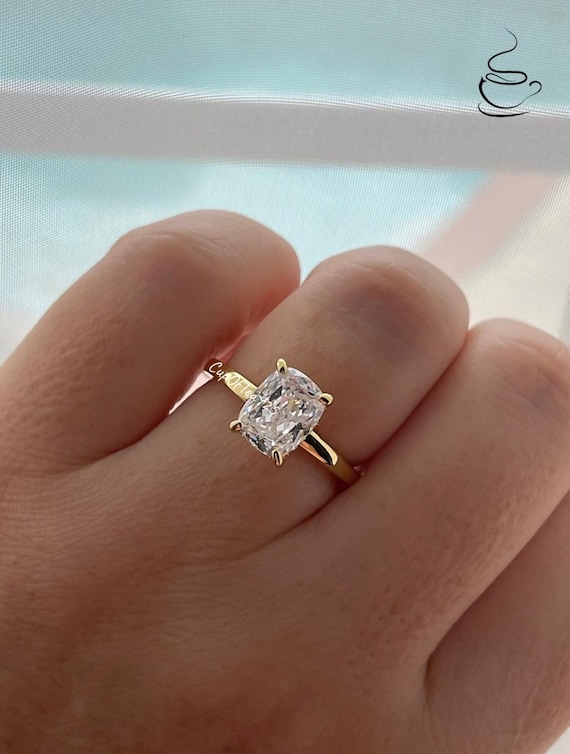 The Madison. Hidden halo. Sterling Silver 925 Yellow Gold over Sterling Silver 925 2.5CT elongated cushion cut engagement ring