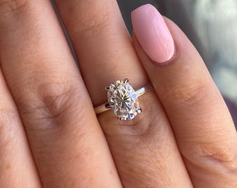 2.5 carat elongated oval cut moissanite engagement ring with hidden halo, sterling silver oval cut moissanite proposal ring, gift for her