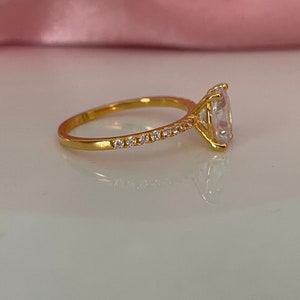The Olivia. Yellow Gold Vermeil Engagement Ring with the finest 2CT oval cut simulated diamond image 5