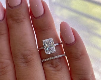 Sterling Silver 925 , gold vermeil Bridal Set with 3 carat  Radiant Cut CZ engagement ring with hidden halo and full eternity band